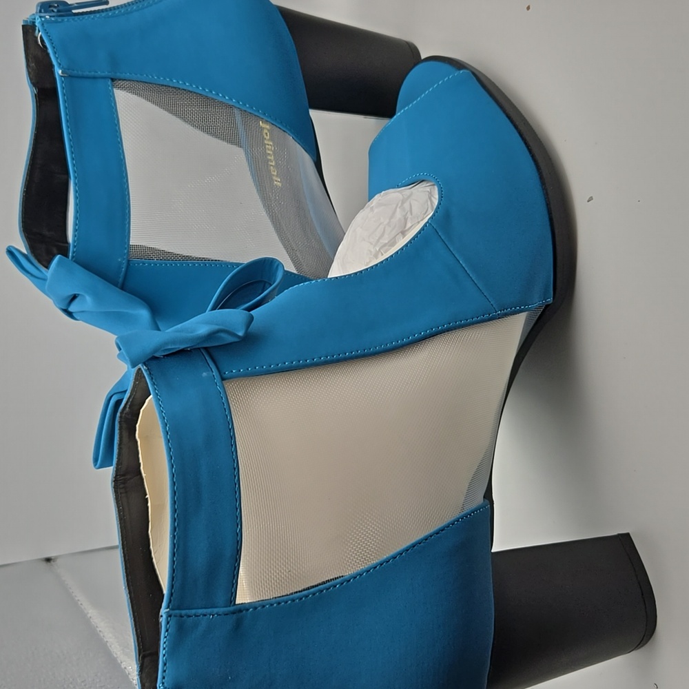 Jolimall Teal Blue Sandals Block Heels with Mesh Sides Zip Back Bow size 11 - Picture 2 of 7